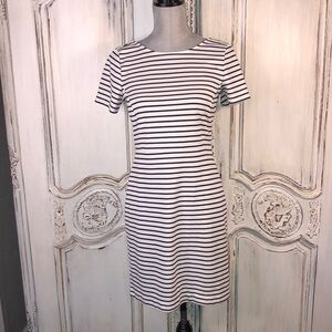 Banana Republic Black and White Stripe Waisted Short Sleeve Sheath Knit Dress
